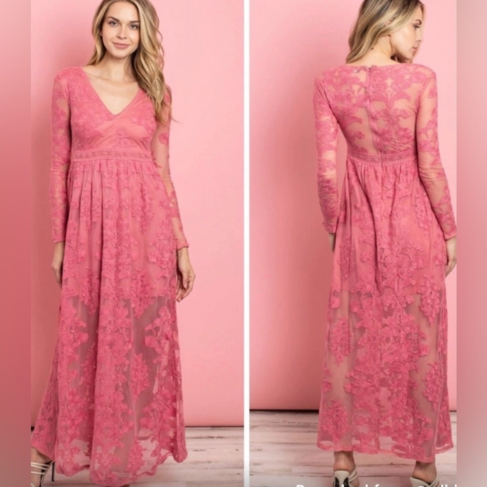 pink lacey embroidered sheer sleeve and back maxi‎ dress nwt